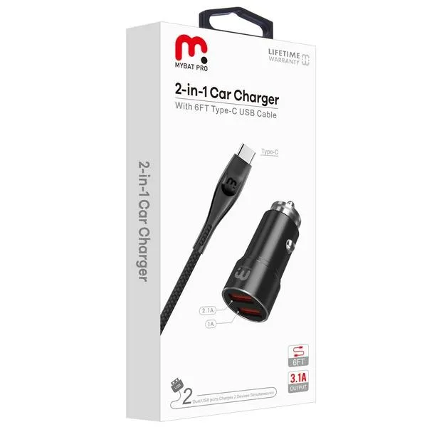 2-in-1 Car Charger with 6FT USB-C Cable