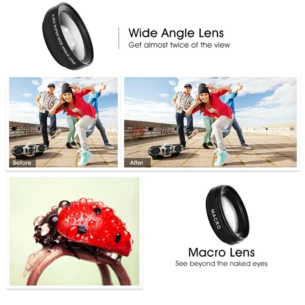 2 In 1 Mobile Phone Lens 0.45x Super Wide Angle 12.5x Macro HD Camera Lens For iPhone 13 Huawei Xiaomi Samsung Universal Clip