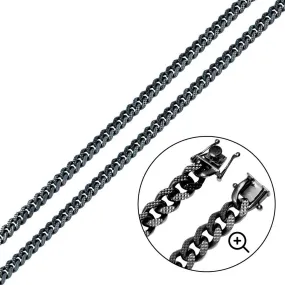 925 Sterling Silver Black Rhodium Miami Curb Platinlux Plated One Sided Pyramid Pave 180 Box Lock 6.3mm Chain - CH955A BLK