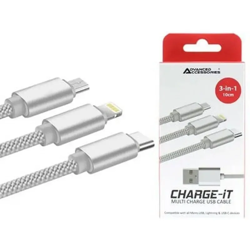 Advanced Accessories Charge-It 3 In 1 C Type Phone Charger - 10cm Lead Length