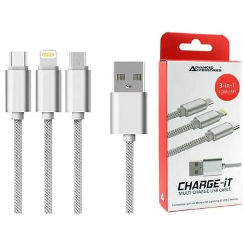 Advanced Accessories Charge-It Charge & Sync Usb Cable For Iphone / C Type & Micro Usb Devices 3 In 1 1.2M Lead