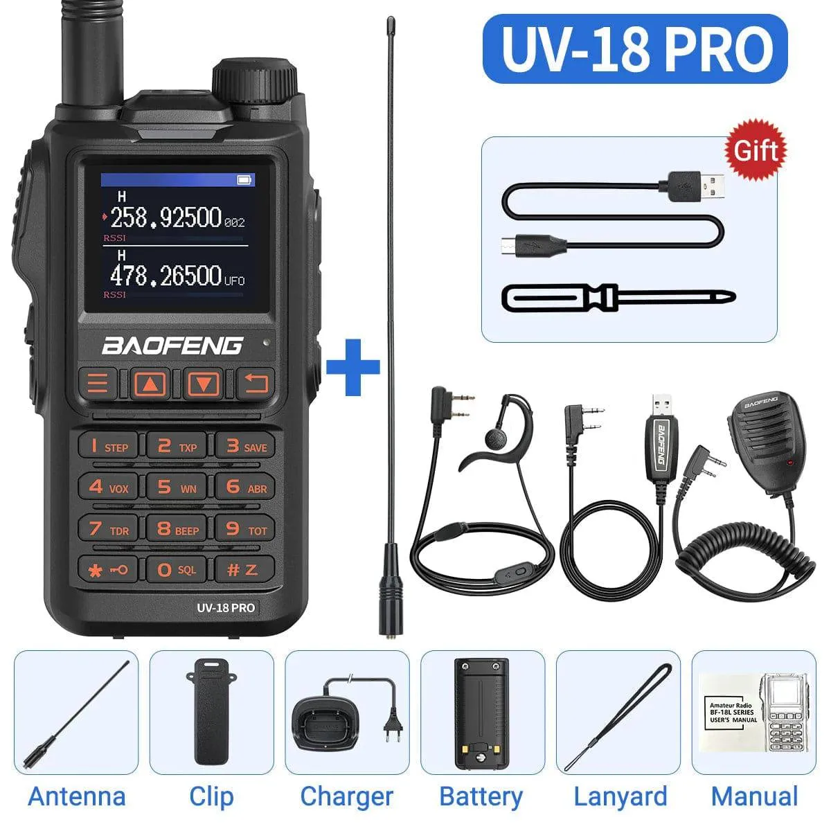 Baofeng UV-18 Pro Walkie Talkie 10W Wireless Copy Frequency 999CH NOAA Long Range Type-C VHF UHF UV-5RPortable Ham Two Way Radio