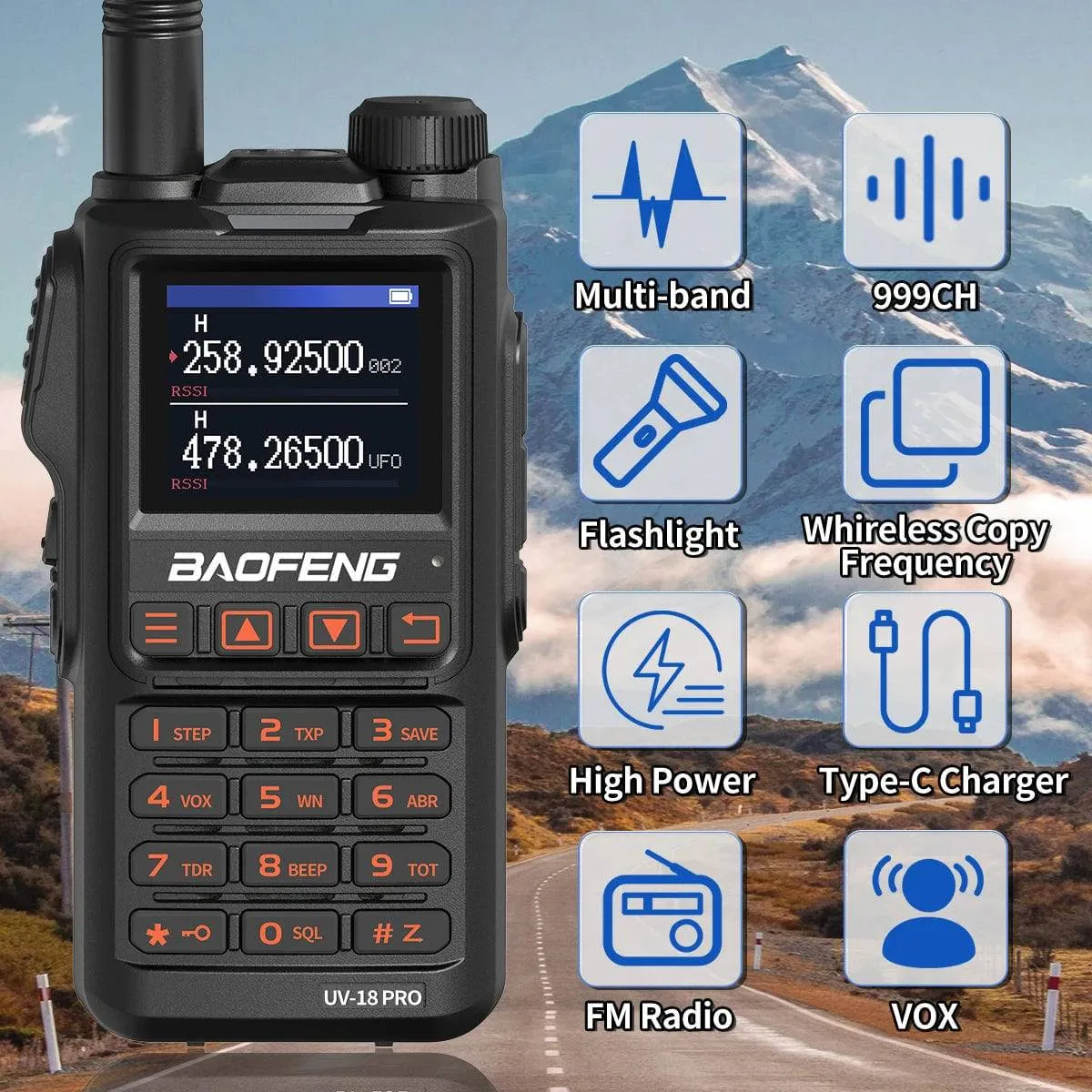 Baofeng UV-18 Pro Walkie Talkie 10W Wireless Copy Frequency 999CH NOAA Long Range Type-C VHF UHF UV-5RPortable Ham Two Way Radio