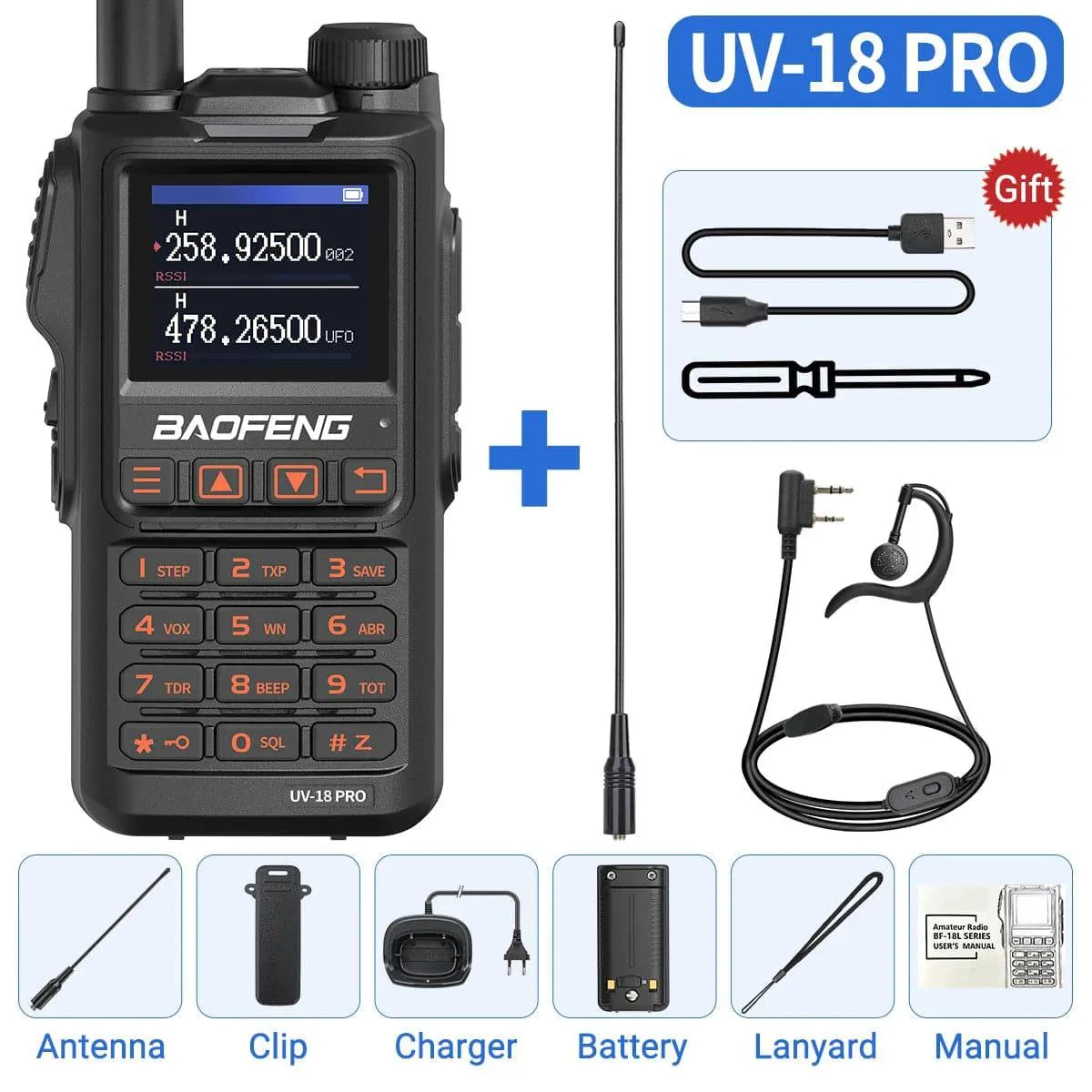 Baofeng UV-18 Pro Walkie Talkie 10W Wireless Copy Frequency 999CH NOAA Long Range Type-C VHF UHF UV-5RPortable Ham Two Way Radio