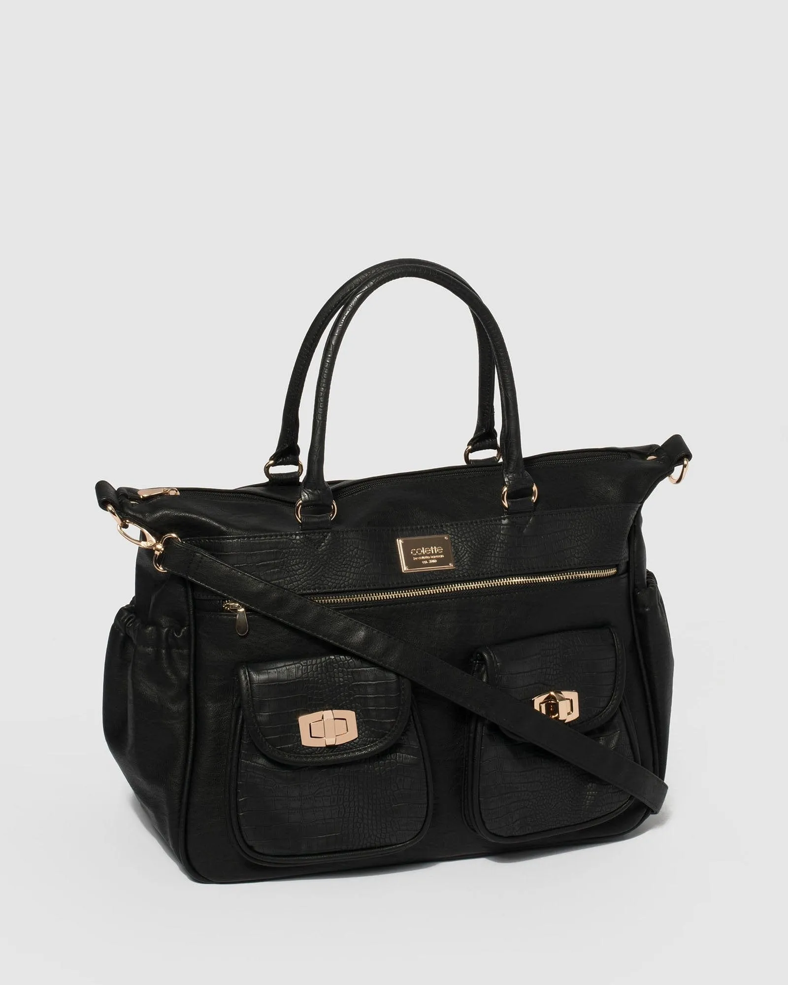 Black Multi Textured Double Pocket Baby Bag With Gold Hardware