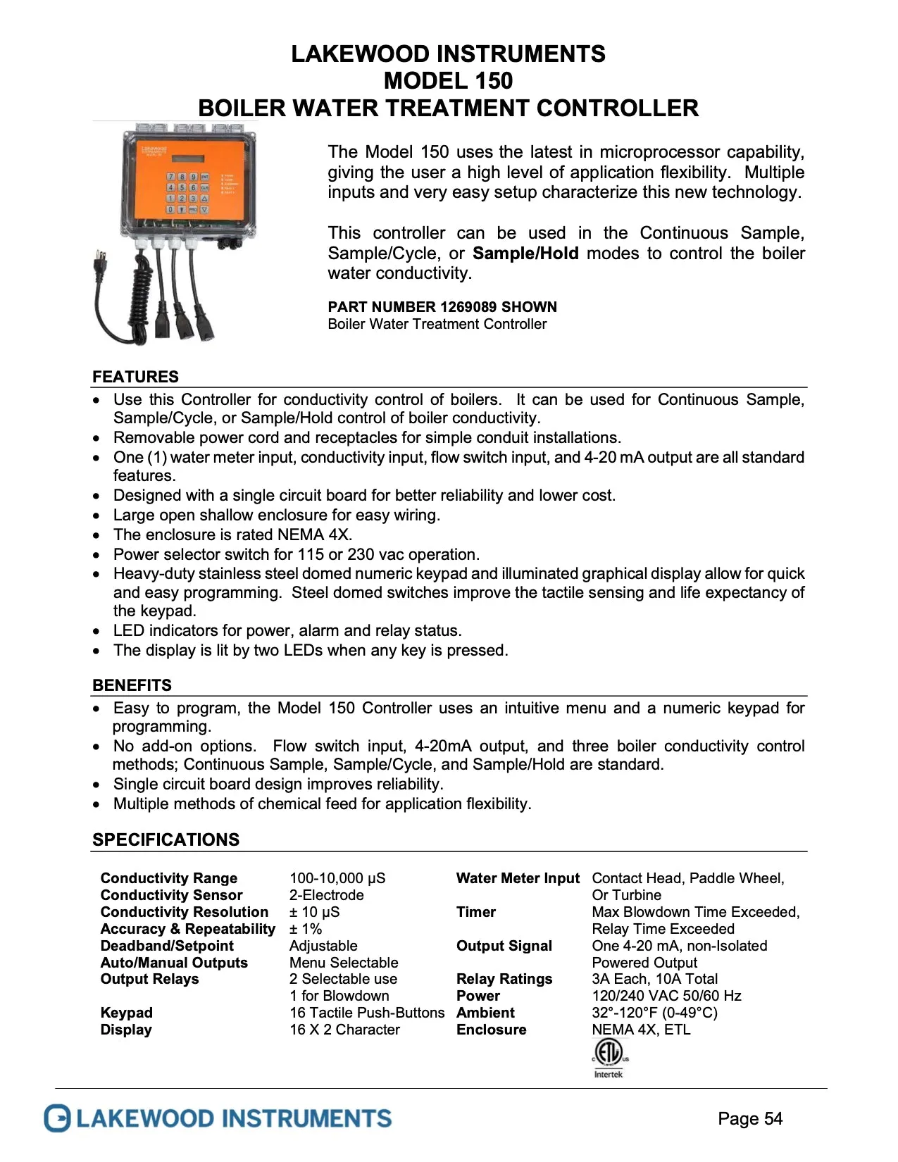 Boiler blowdown, conductivity controller Lakewood Instruments model 1575e., controller only p/n 1229239