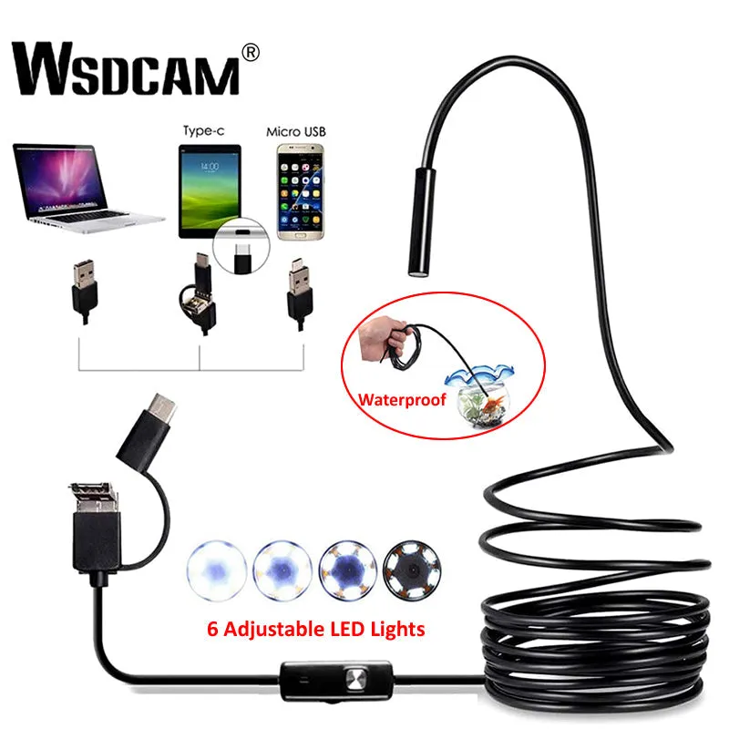 Endoscoop Camera 7Mm 3 In 1 Usb Mini Camcorders Wsdcam IP67 Waterdicht 6 Led Borescope Inspectie Camera Voor Windows pc Android