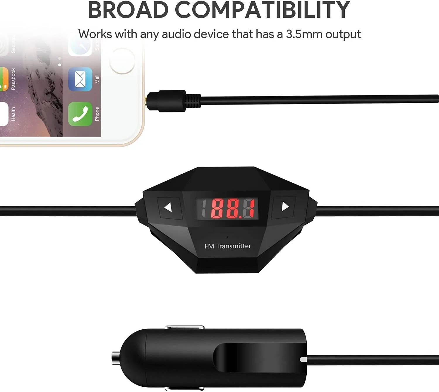 FM Transmitter, Radio Adapter Car Kit with USB Car Charger, Compatible with Smartphones