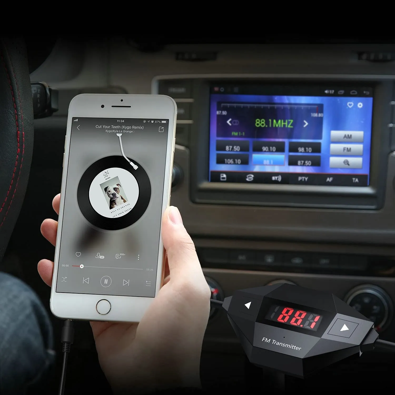 FM Transmitter, Radio Adapter Car Kit with USB Car Charger, Compatible with Smartphones