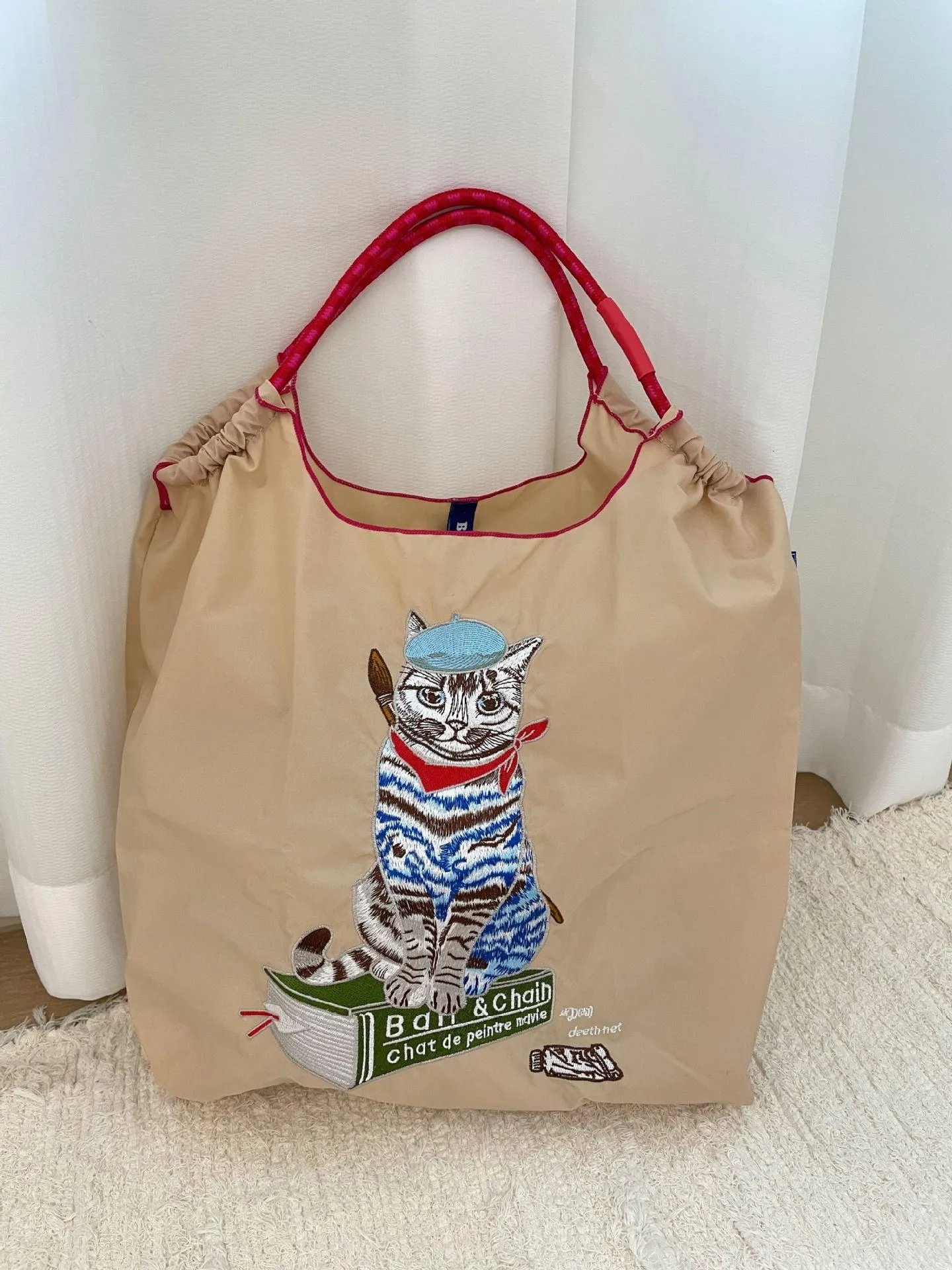 Japanese Painter Cat Embroidery Shopping Bag