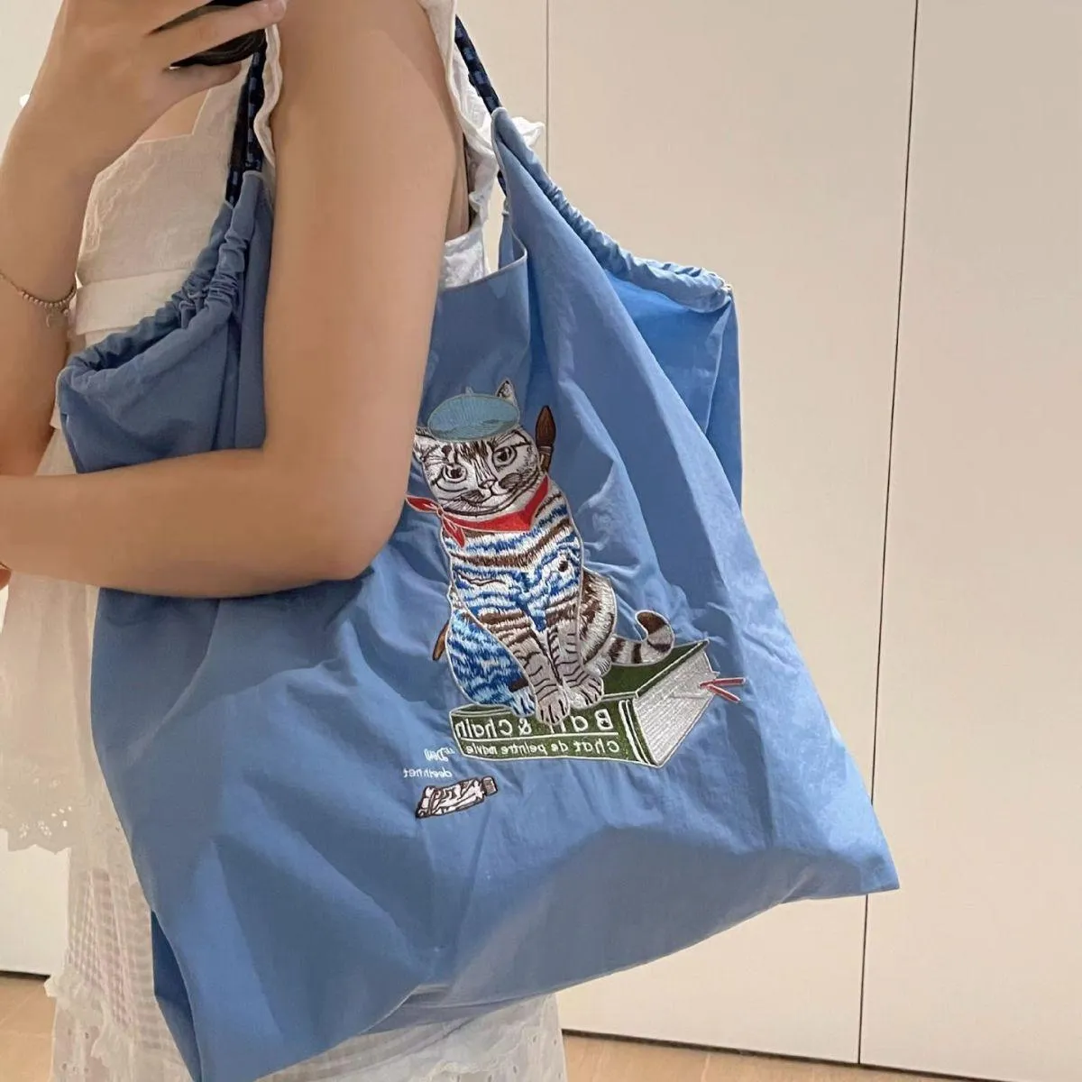 Japanese Painter Cat Embroidery Shopping Bag