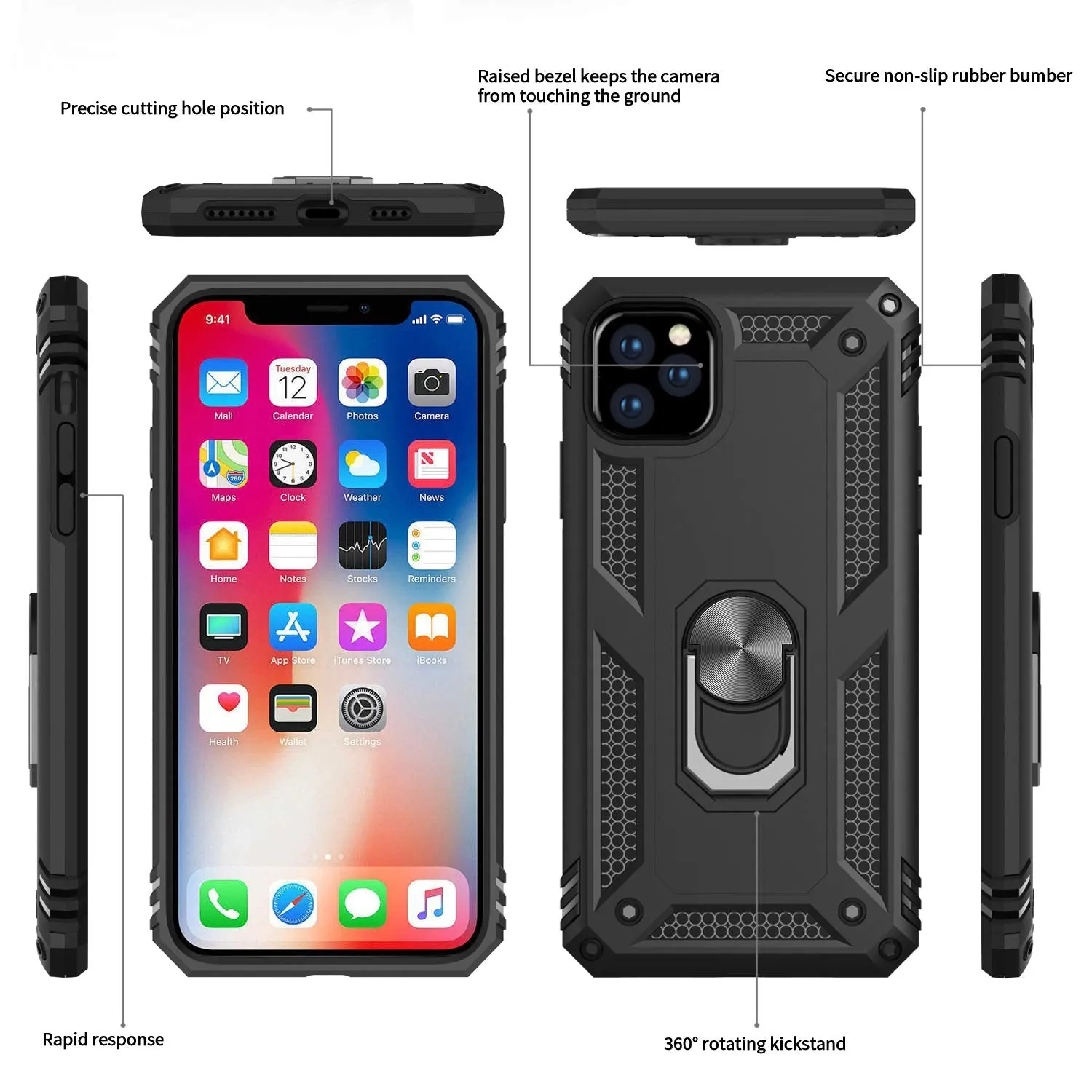 LeYi iPhone 11 Pro Case with Tempered Glass Screen Protector [2Pack], Military Grade Protective Phone Case with Ring Magnetic Car Mount Kickstand