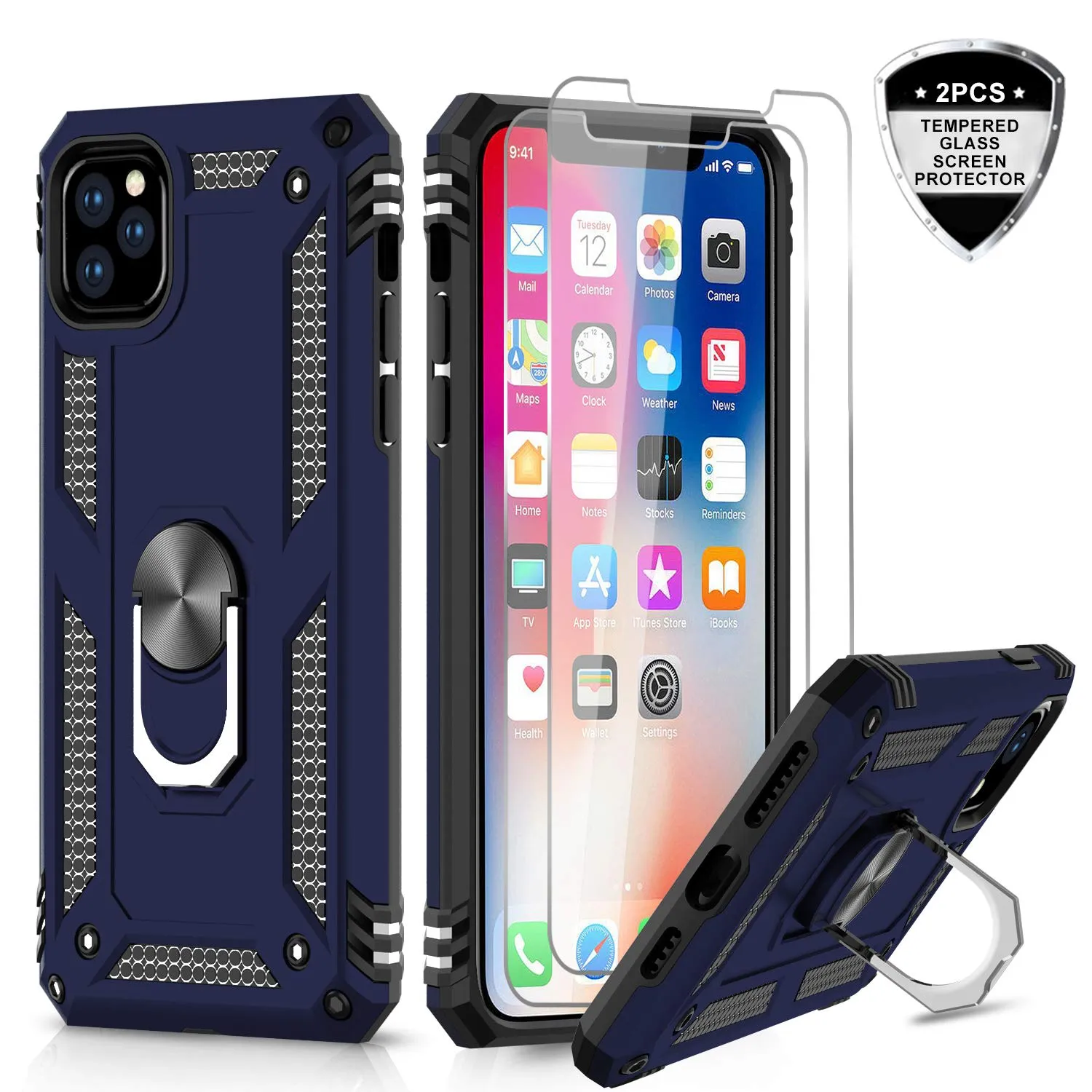 LeYi iPhone 11 Pro Case with Tempered Glass Screen Protector [2Pack], Military Grade Protective Phone Case with Ring Magnetic Car Mount Kickstand