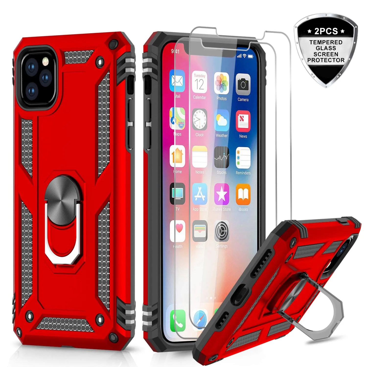 LeYi iPhone 11 Pro Case with Tempered Glass Screen Protector [2Pack], Military Grade Protective Phone Case with Ring Magnetic Car Mount Kickstand