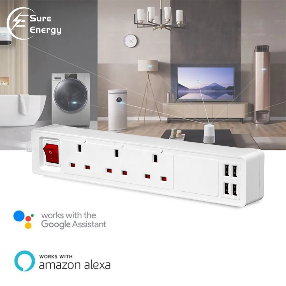 Smart Power Extension Lead, 3 AC Outlets & 4 DC USB Port Compatible With Alexa & Google Assistant, App Remote Separate or Group Control Your Appliance