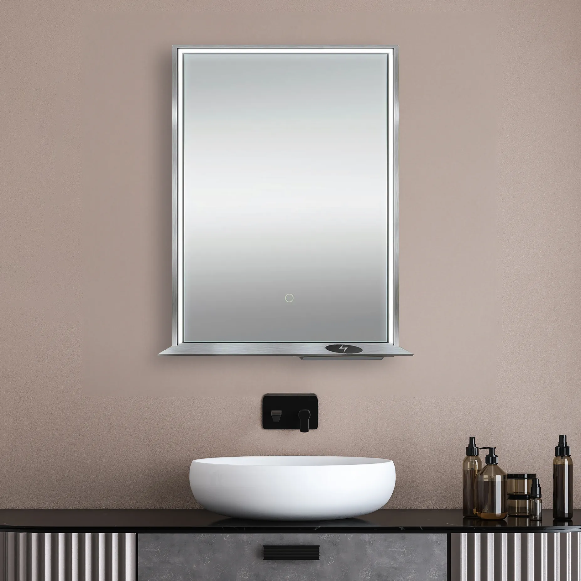 The Allegra 24" W x 32" H Framed LED Mirror with Bluetooth Speaker and Wireless Cell Phone Charger; Available in 3 colors