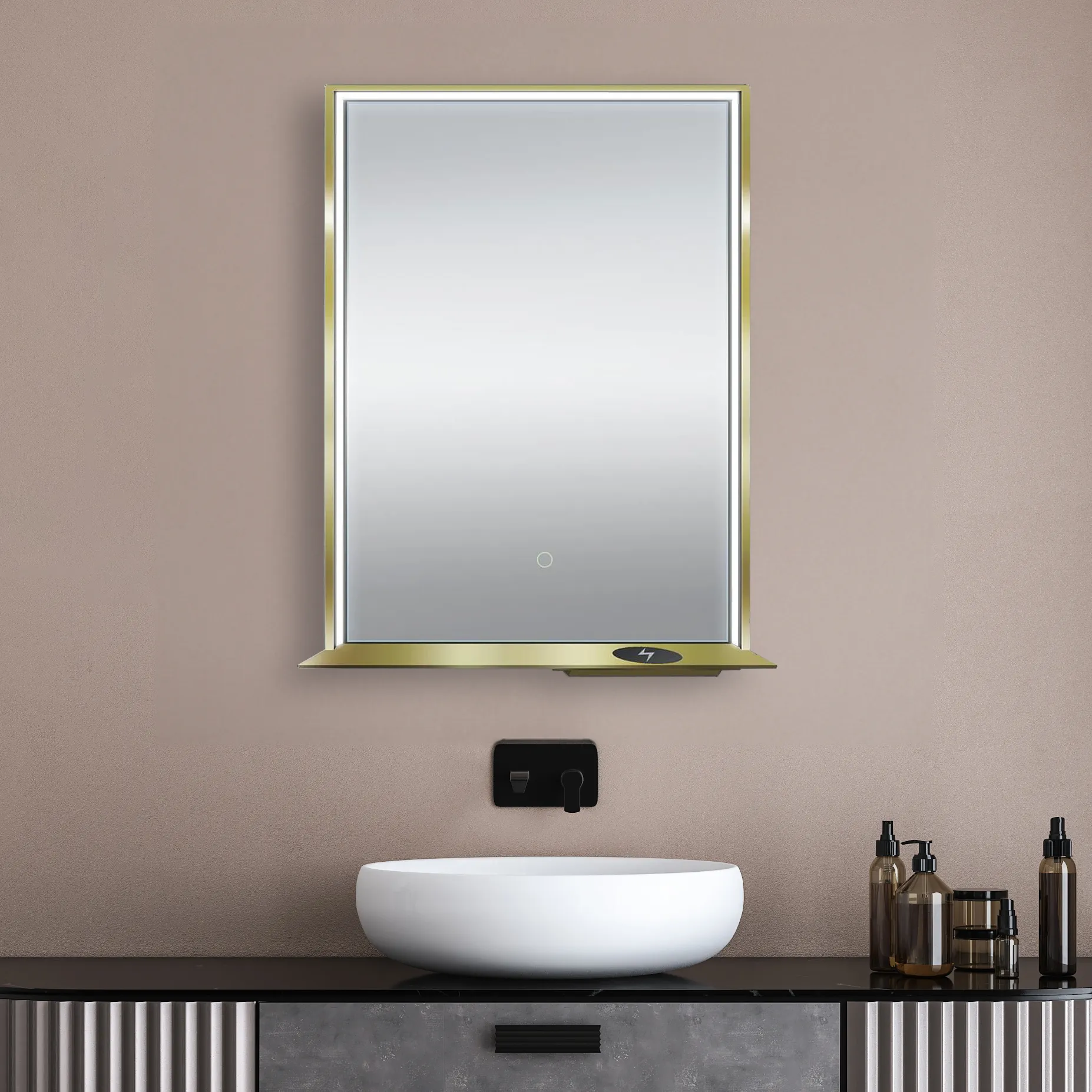 The Allegra 24" W x 32" H Framed LED Mirror with Bluetooth Speaker and Wireless Cell Phone Charger; Available in 3 colors