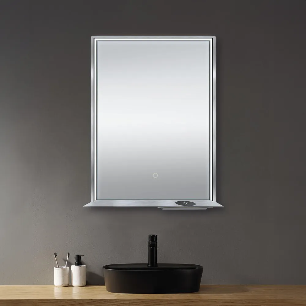 The Allegra 24" W x 32" H Framed LED Mirror with Bluetooth Speaker and Wireless Cell Phone Charger; Available in 3 colors